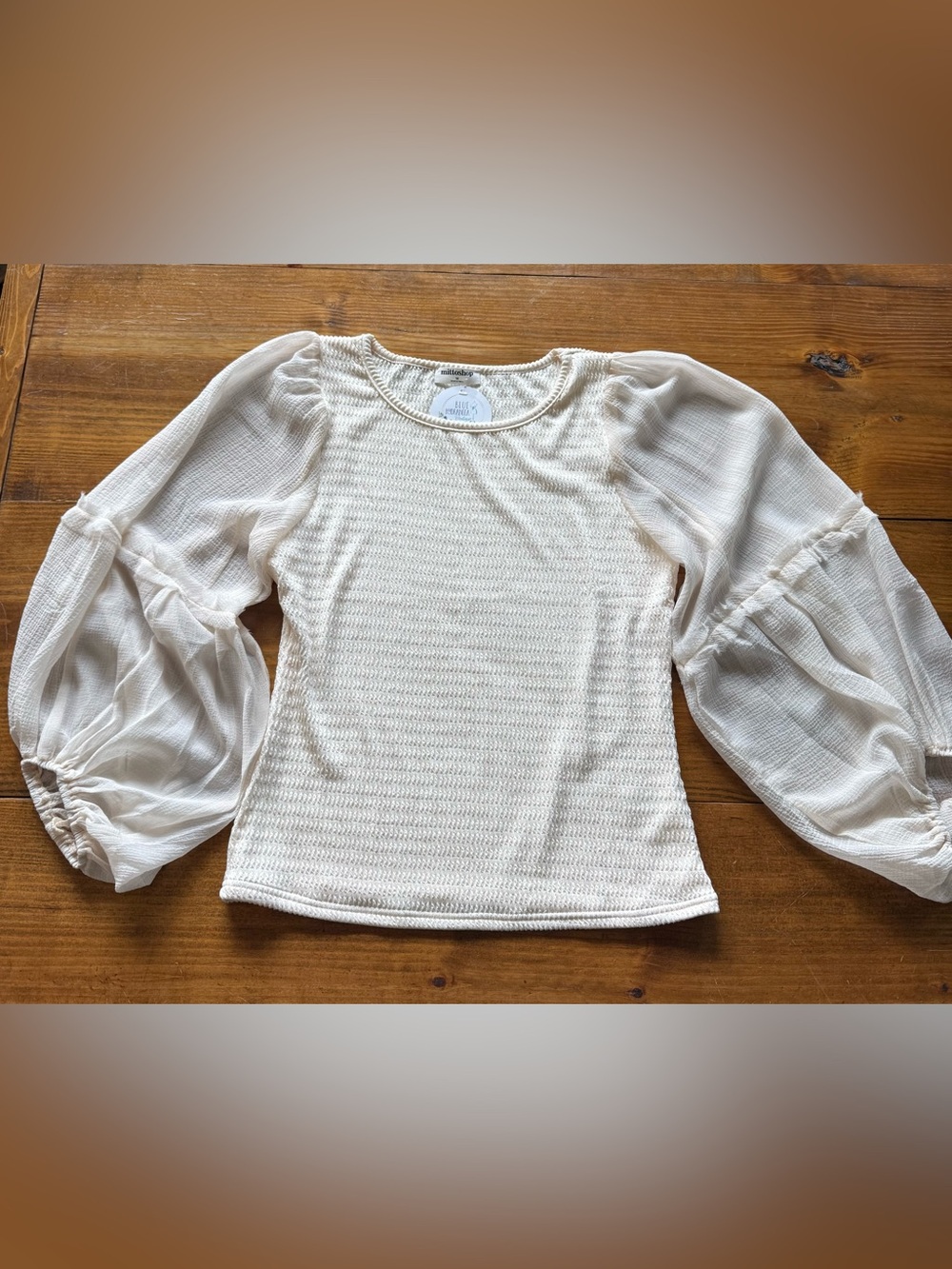 mittoshop Cream Textured Knit Top with Sheer Balloon Sleeves